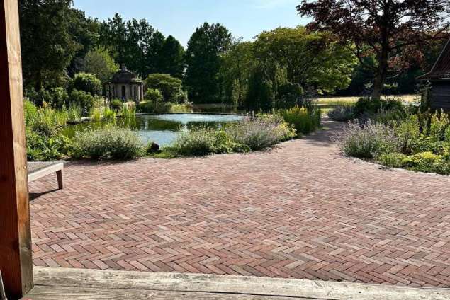 aanleggen tuin met zwemvijver, sierstraatwerk en wilde bloemen mengsel